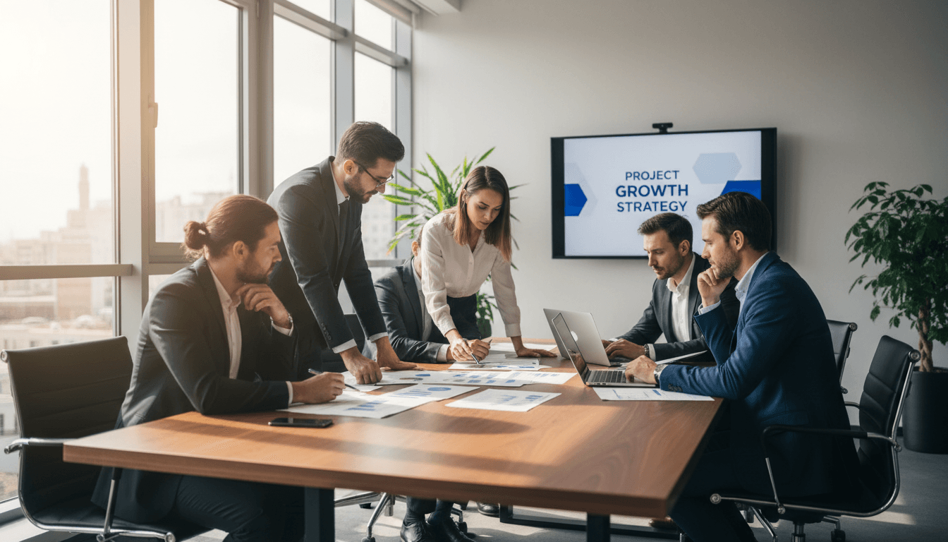 Professional business team reviewing documents in modern office with natural lighting