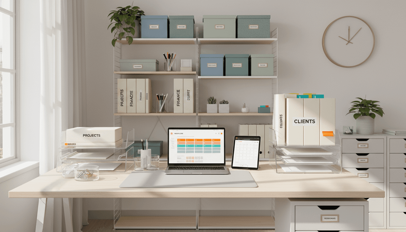 Organized administrative workspace with document management systems