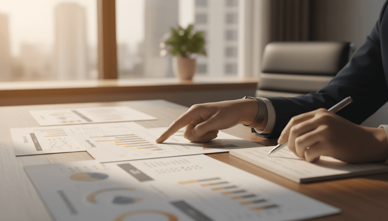Business consultant reviewing strategic planning documents at desk
