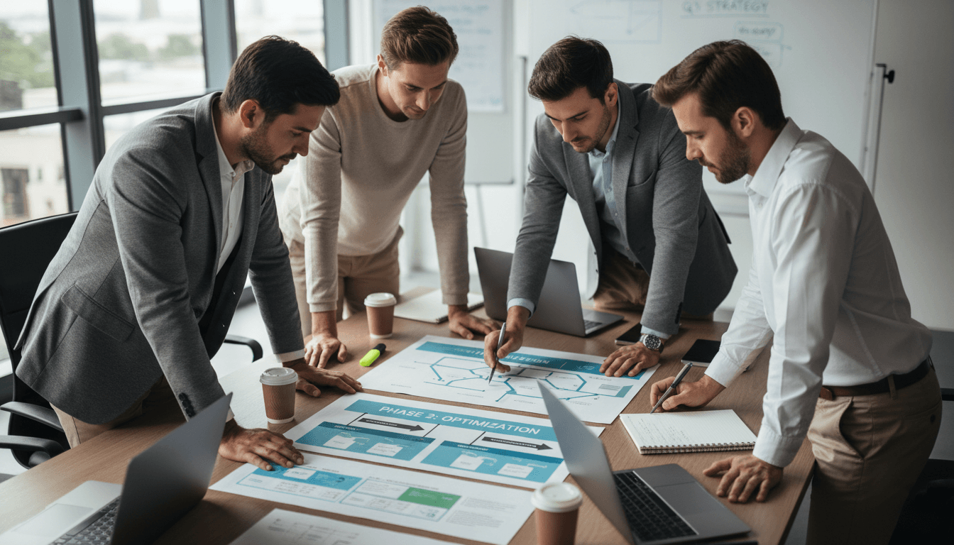 Team reviewing operational workflow improvements during a management meeting