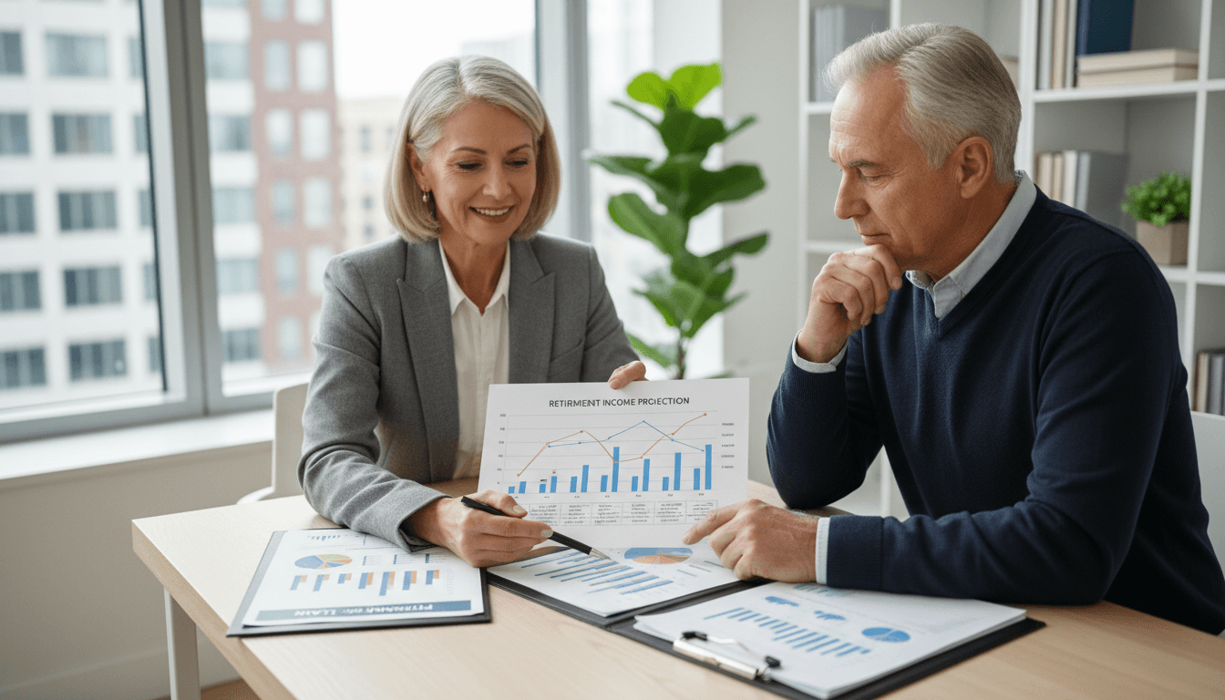 Financial advisor and senior client reviewing retirement planning documents together at desk in bright modern office