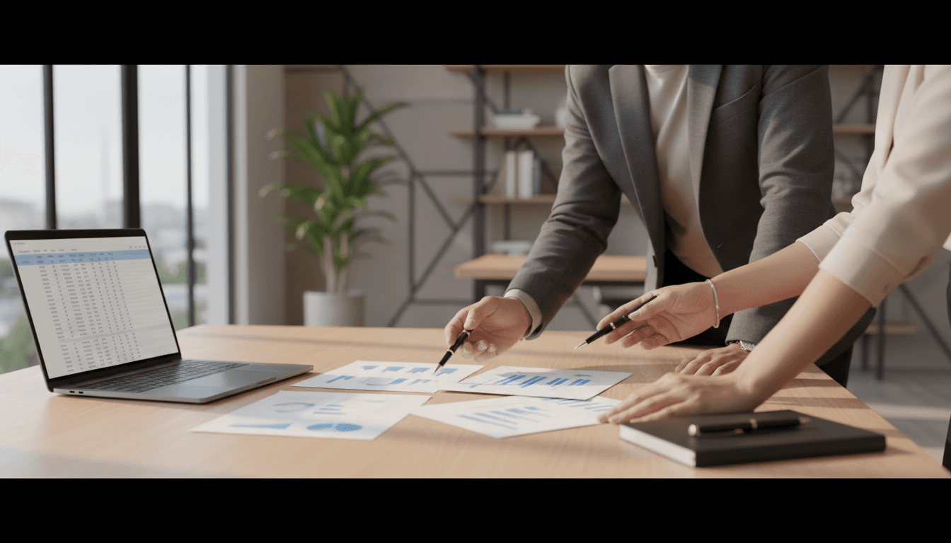Business consultant Glenn reviewing strategic plans with a client at a desk